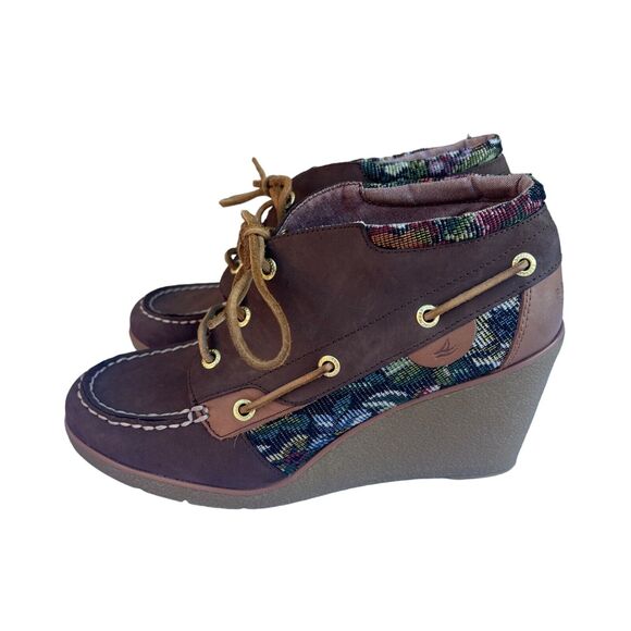 Sperry Women's Size 8.5 M Hadley Floral Tapestry Leather Wedge Bootie Heels EUC - Picture 1 of 9